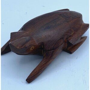 Hand Carved Wooden Frog Trinket Stash Box Primitive Rustic Hinged-Top Brown.